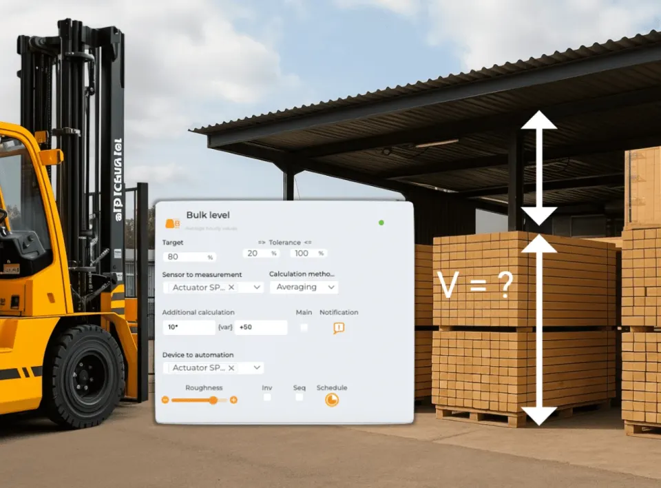 SmartCloud-Kanalkonfiguration für ein Schüttgutlager-Objekt: Sollwert, Toleranz und Mittelungsmethode über dem Foto eines überdachten Holzlagers mit Gabelstapler