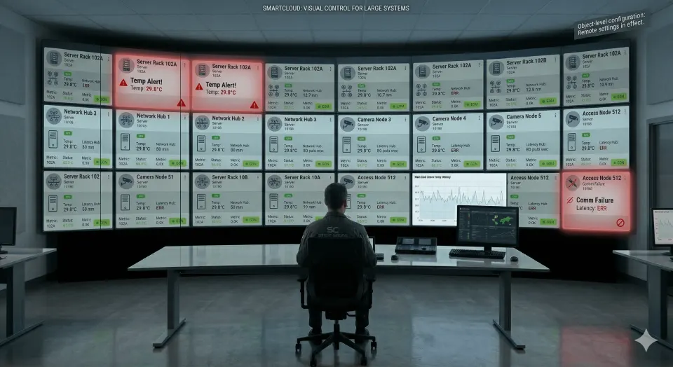 SmartCloud-Leitstand: Dispatcher überwacht Infrastruktur-Telemetrie in Echtzeit und Statuspanels auf einer großen Videowand