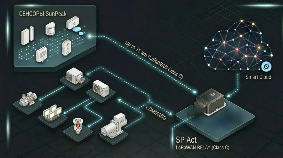 Fernsteuerungsschema mit SmartCloud und SP Act: LoRaWAN-Class-C-Interaktion mit Pumpen, Ventilatoren und Motoren auf Basis von SunPeak-Sensordaten
