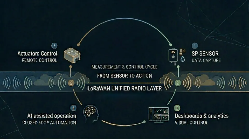 SmartCloud-Autopilot: geschlossener Regelkreis mit LoRaWAN-Sensortelemetrie, Cloud-Analyse und Rückmeldung des Aktors SP Act