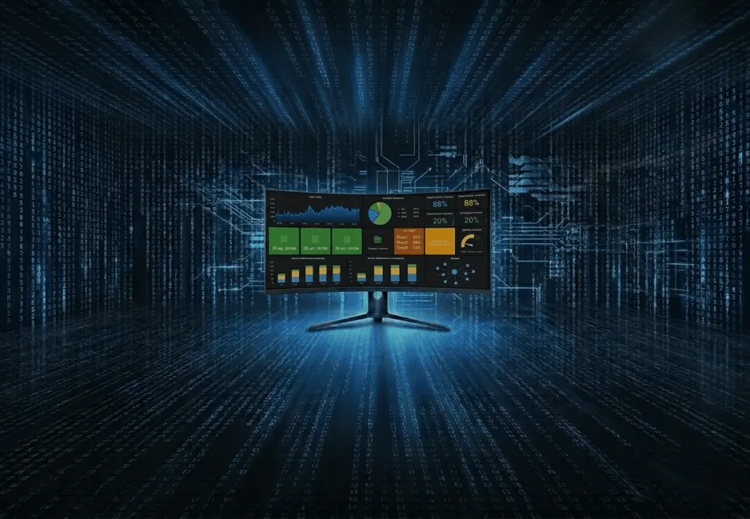 SP-SmartCloud-Dashboard auf einem gebogenen Monitor in einem stilisierten Rechenzentrum: Bestands-, Prozess- und Fortschrittsdiagramme nebeneinander